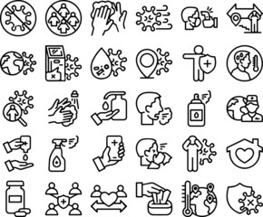 Coronavirus line icon set, Covid-19 symbols set collection or vector sketches. 2019-ncov prevention signs set for computer web, the linear pictogram style package isolated on white background