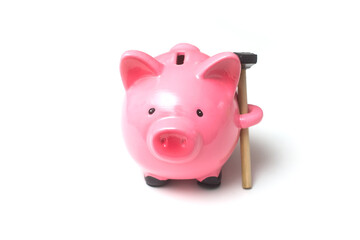 Closeup of pink piggy bank on white background