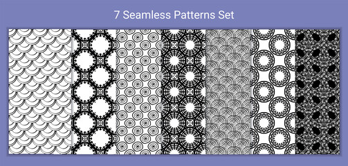 Set of 7 monochrome seamless patterns with hand drawn doodle circles, scale, geometric motifs. Stock vector
