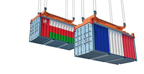 Shipping containers with Oman and France flag. 3D Rendering 