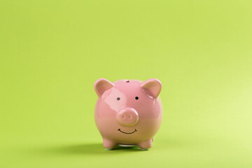 pink piggy bank on a green background.