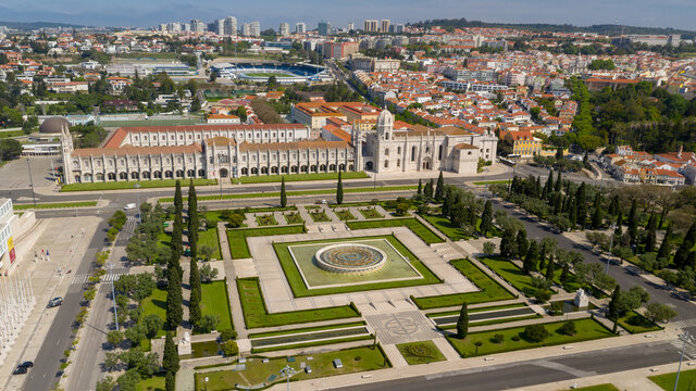 Aerial view of Jeronimos Monastery and Empire Square, on a partial sunny day, durind the pandemic Covid-19, in Lisbon, Portugal's capital.