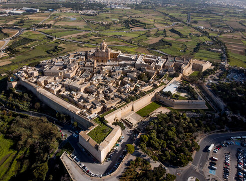 MDINA, MALTA - 20 DECEMBER 2019 : Aerial view of the medieval fortified city Mdina in Malta.