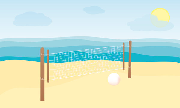 Volleyball net on the beach by the sea background. Playing volleyball on the beach. Healthy lifestyle. Vector flat cartoon illustration.