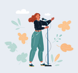 Vector illustration of female speaker. Woman with microphone on white background.