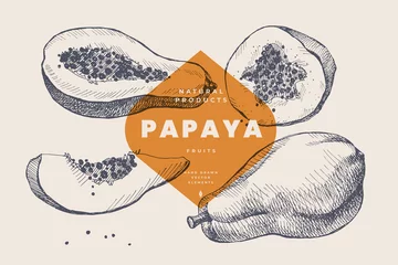  Hand drawn papaya. Dessert and exotic fruit, whole and cutaway. Organic food concept. It can be used as an element of the design of markets, menus and packaging. Vintage botanical illustration. © KOSIM
