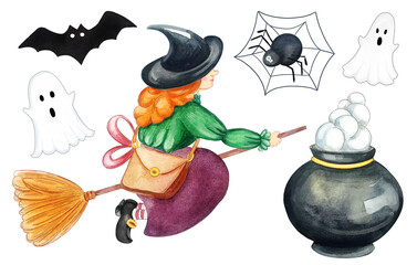 Watercolor set halloween party. Happy Halloween design elements. Cute halloween icons and objects isolated on white background. Hand drawn halloween illustration of little witch, ghost and bat