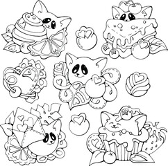 Set of isolated Cute Cats with Hearts, sweet moments funny vector doodle stock illustration, isolated contour prints for menu, book, t-shirt, fabric, greeting / invitation card, stickers