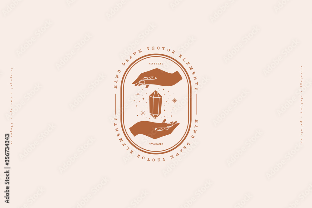 Poster logo template with hands and magic crystal vector illustration. magic quartz stone sparkles and soar