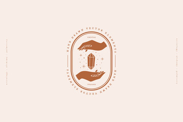Logo template with hands and magic crystal vector illustration. Magic quartz stone sparkles and soars in hands. Minimalist retro emblem for packaging design of handmade products and jewelry.