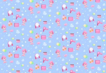 Vector cartoon pattern bathroom on purple background, illustration cosmetic