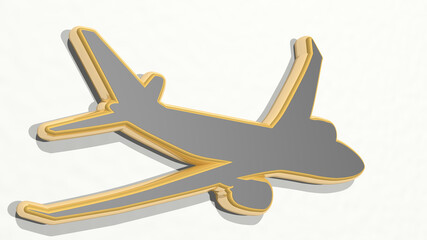aeroplane made by 3D illustration of a shiny metallic sculpture on a wall with light background