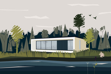 vector landscape with house and forest
