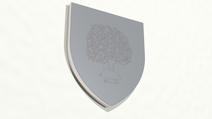  made by 3D illustration of a shiny metallic sculpture on a wall with light background