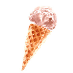 Chocolate ice cream in classic waffle cone isolated on white background.