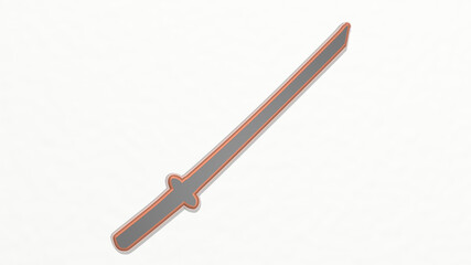 samurai sword on the wall. 3D illustration of metallic sculpture over a white background with mild texture