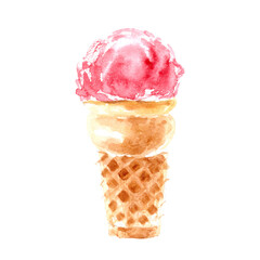 Strawberry ice cream in retro waffle cone isolated on white background.