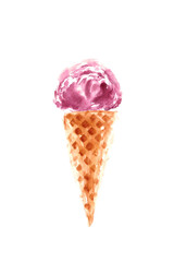 Purple berry ice cream in classic waffle cone isolated on white background.