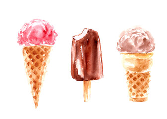 Set of berry and chocolate ice cream in classic waffle cones, bitten choc ice isolated on white background.