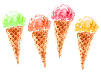 Set of green, red, yellow and pink ice cream in classic waffle cone isolated on white background.