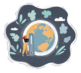 Vector illustration of Global Warming in the Earth. Woman with thermometer on dark.
