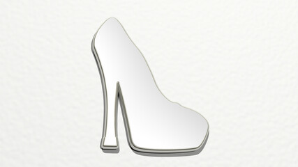 HIGH HEEL SHOE on the wall. 3D illustration of metallic sculpture over a white background with mild texture