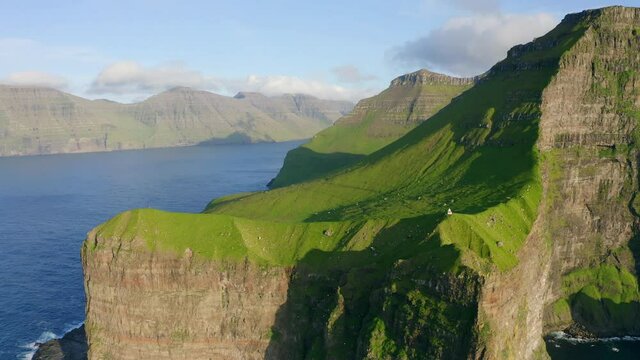 4k point of view video (Ultra High Definition). Beautiful morning view of Kallur Lighthouse, Kalsoy island. Spectacular summer scene of Faroe Islands, Denmark, Europe. Atlantic seascape.