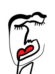 Obraz premium Modern Abstract Face Portrait. Linear Ink Brush. Line Art Current Contemporary Continuous Cubism Painting. Fashion Style Black And White Abstraction Poster. Vector Illustration Clipart.