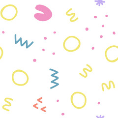 Fototapeta premium Abstract shapes seamless pattern. Festive background with colorful sprinkles and dots. Vector illustration design.