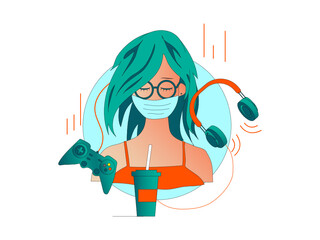 A girl in a mask with hair, next to a joystick, headphones, coffee, in green and orange colors