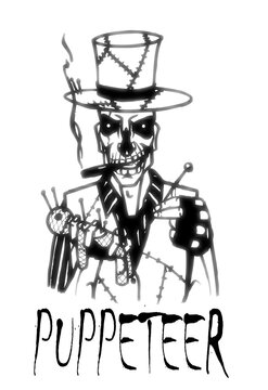 Creative image of Baron Samedi holding a voodoo doll in his hand and the inscription "puppeteer".