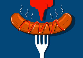 Fork with grilled sausage with ketchup bottle and grill