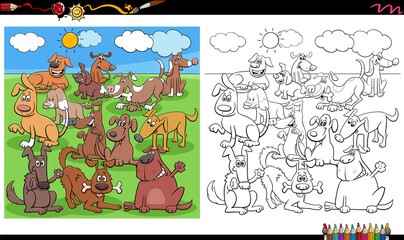 funny dogs characters group coloring book page