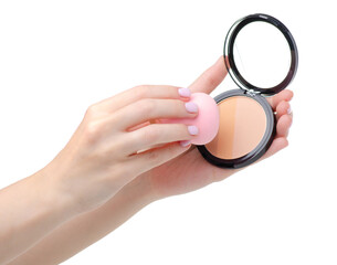 Powder with puff beauty in hand on white background isolation