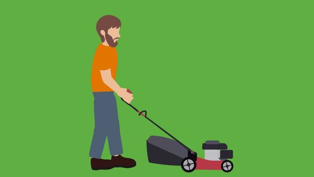 Handyman with a beard mows the grass with a lawn mower. Flat 2D cartoon animation of a farmer with a lawnmower on the green background.
