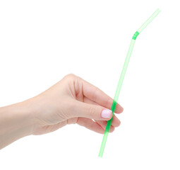 Cocotail plastic straw in hand on white background isolation