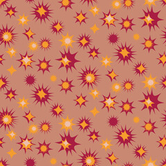 Red and yellow stars on pink seamless vector pattern. Simple night sky surface print design. For fabrics, stationery, and packaging.