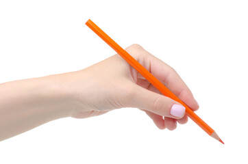 Orange pencil in hand on white background isolation