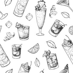 Cocktails hand drawn seamless pattern. Vector illustration. Alcoholic cocktails sketch set. Engraved style. Design template for bar.