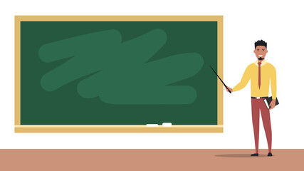 Happy teacher stands near the blackboard. Teaching at an educational institution. Flat style. Vector illustration
