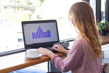girl works for a laptop. on screen laptop graph, economy and business. remote work, online. girl in a cafe with a cup of coffee