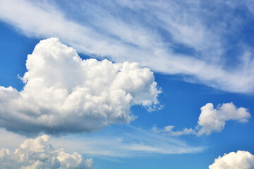 Naklejka na ściany i meble Blue sky with clouds closeup. nature wallpaper, cloudscape background