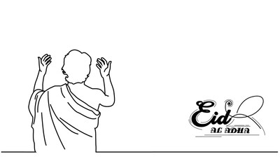Line art praying man with eid al adha lettering design isolated on white background