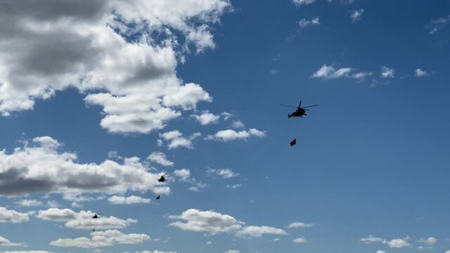 May 7, 2020 - Belarus, Minsk - military aircraft fly in the sky, rehearsal of the May 9 Victory Day parade during the coronavirus pandemic. video with sound