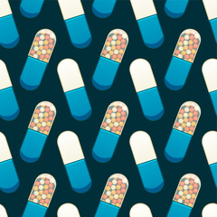 Flat style oval capsule pills seamless pattern on blue background
