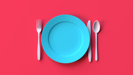 3d illustration background render healthy concept of minimal empty space shiny plates food eat dining diet care vitamins juicy medical weight loss strategy with no food fasting clean mockup view top