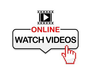 Online watch videos. Advertising internet search and view movie videos.  Flat design badge, icon with cursor . Illustration, vector 