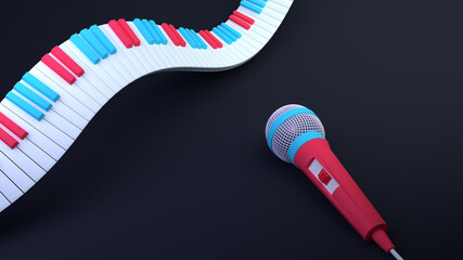 3d illustration of synth headphones music sound effect earphones earplugs dance video animation notes fly in air piano keys listen hear melody instrument live play pause sing background copy 