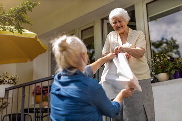 Adult daughter delivering groceries to her elderly mother
