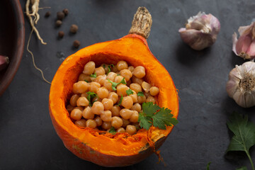 Vegetarian dish of chickpeas with pumpkin. Healthy eating, close up